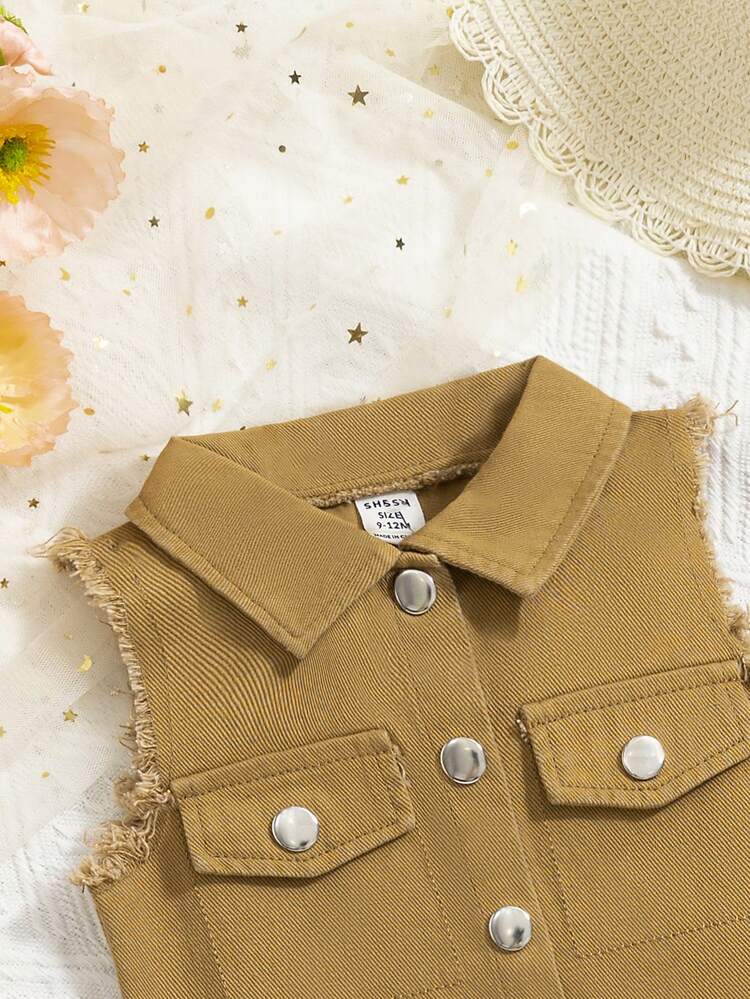 2pcs/Set Spring/Summer Baby Girl's Brown Sleeveless Shirt With Top Matched With Brown Ombre Washed Denim Skirt Outfits