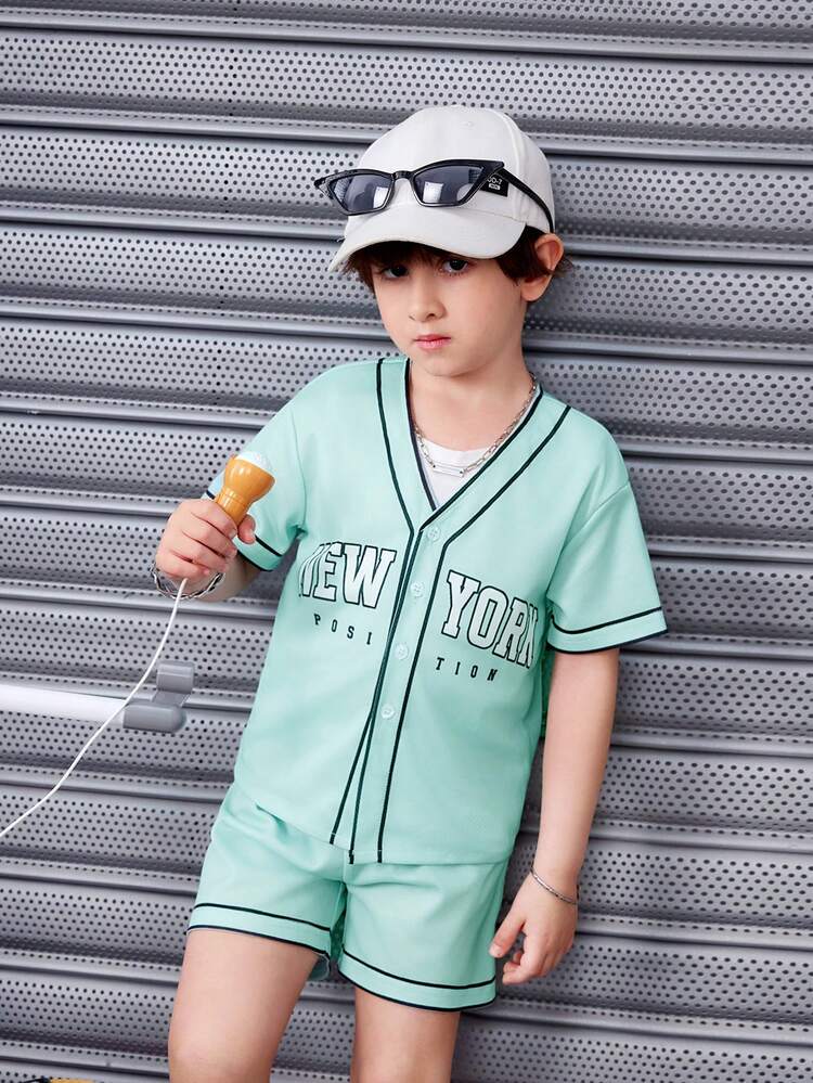 Young Boy Color Block Letter Printed Top And Shorts Set