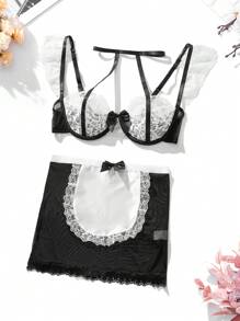 Set de lencería con encaje en contraste con lazo delantero con aro - Blanco y Negro - Ver 6