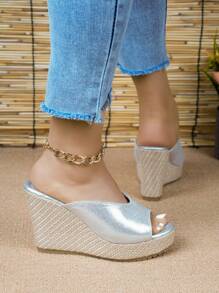 女士厚底坡跟涼鞋露趾銀色高跟鞋時尚露跟涼鞋