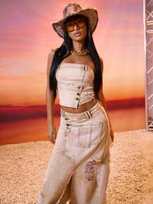 SHEIN BAE 女士純色無肩帶牛仔上衣&音樂節 - 卡其色 - 查看 4