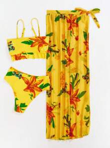 Breezaya Summer Beach Women's Floral Printed Front Knot 3-Piece Bikini Set With Ruffle Hem - Yellow - View 7
