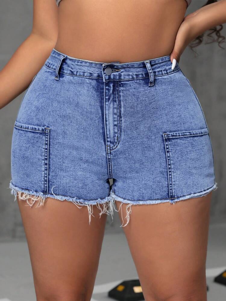 Plus Size Solid Color Fringed Skinny Denim Shorts