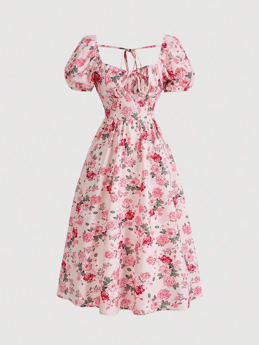 SHEIN MOD 女士花卉印花泡泡袖甜心领泡泡下摆连衣裙 - 粉色 - 查看 1