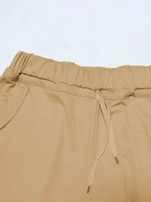INAWLY Pantalones Capri De Cintura Alta Y Cordón Sólido Para Mujer - Marrón - Ver 3