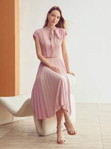 MOTF PREMIUM SOLID BOW MOCK NECK PLEATED HEM DRESS,SUMMER OUTFITS