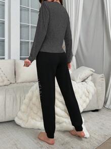 女士印花长袖上衣和长裤睡衣套装，秋冬服装