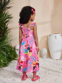 SHEIN 年輕女孩休閒春夏編織熱帶印花吊帶背心及長裙套裝 - 彩色 - 查看 2