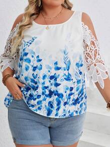 SHEIN VCAY Plus Size Floral Printed Lace Patchwork Cold Shoulder Round Neckline Blouse For Summer - Multicolor - View 4