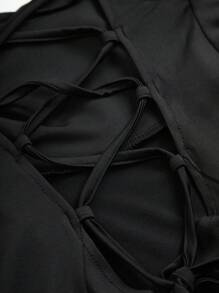 SHEIN Unity Women's Solid Color Drpaed-Neck Flare Sleeve Cross Strap Backless Dress - Black - View 6