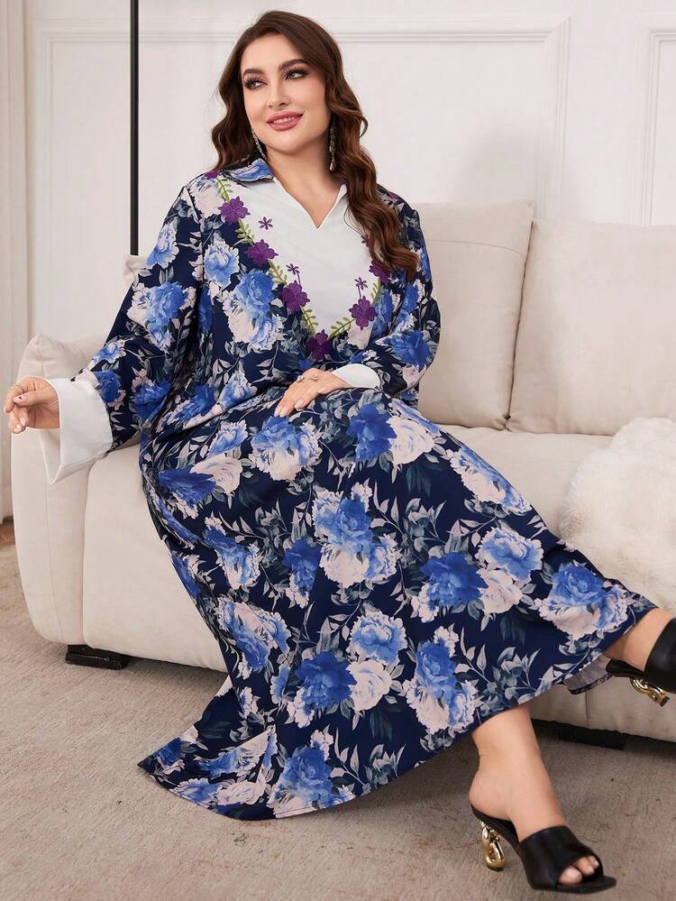 Plus Size Women's Floral Printed Arabian Collar Dress Kaftan Jalabiya Dress