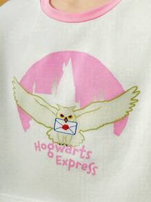 HARRY POTTER X SHEIN Tween Girl Short Sleeve Ringer Hedwig T-Shirt And Plaid Skirt In College Style - Pink - View 9