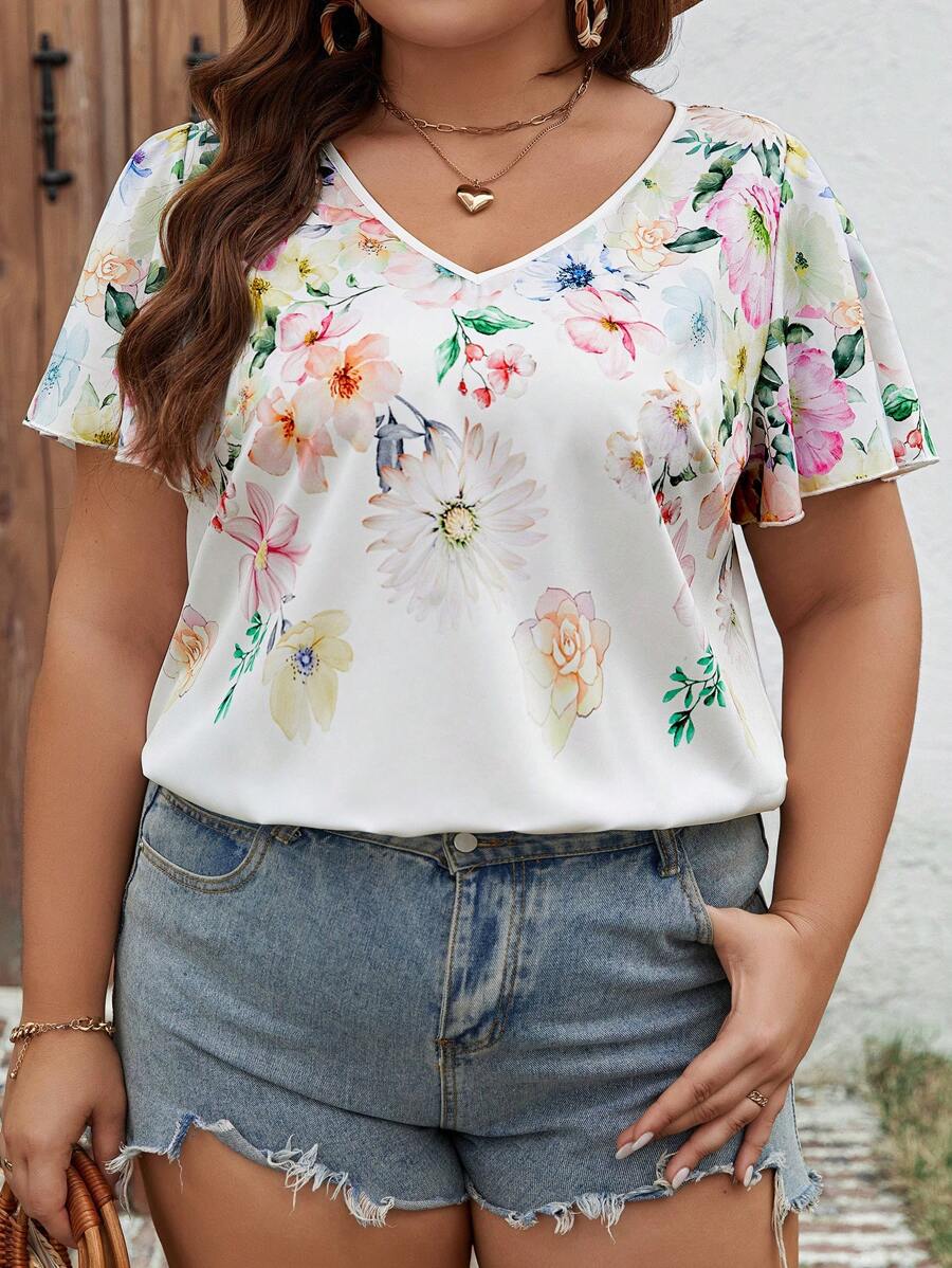 SHEIN LUNE Plus Size Floral Print V-Neck Blouse - Multicolor - View 1
