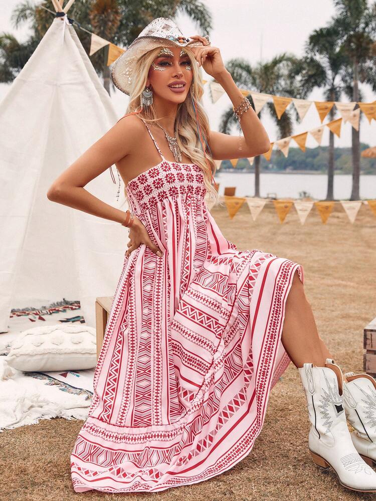 Women's Geometric Printed Sleeveless A-Line Dress With V-Neckline