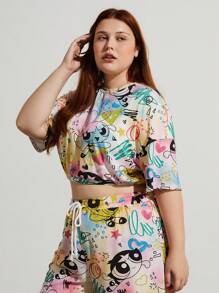 Earth Day Fanverse Picks Plus Cartoon Graphic Drop Shoulder Top & Shorts Set Short Sets Summer
