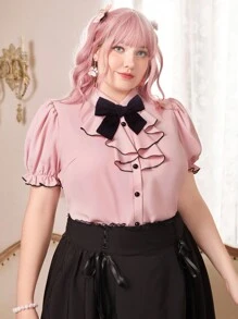 ROMWE Kawaii Plus Size Ruffled Bubble Sleeve Shirt - Pink - View 1