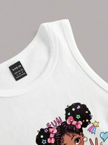 Slaydiva 休闲可爱卡通女孩图案圆领修身女式背心，适合夏季 - 白色 - 查看 4
