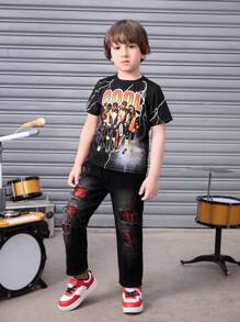 Young Boy Character And Letter Printed T-Shirt And Patchwork Distressed Jeans Set, 2pcs - Black - View 4