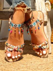 Bohemian Style Beaded Flat Sandals Suitable For Outside Wearing Valentines,Beach Outfits,Summer Outfits - Beige - View 4