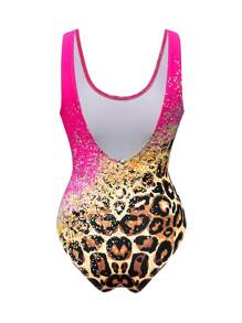 Swim Lushoire Summer Beach Leopard Print Splicing Round Neck Slim Fit One-Piece Swimsuit With Sleeveless Design