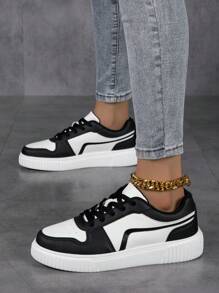 女士休闲运动鞋，系带软底平底舒适滑板鞋，轻便低帮日常穿着，秋冬季 - 黑與白 - 查看 5