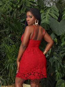 Slaydiva Summer Valentine's Day Daily Date Water-Soluble Flower Spaghetti Strap Red Dress Women's Mini Dress-A - Red - View 2