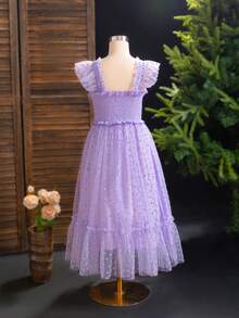 SHEIN 上班族女性的雪紡晚禮服連衣裙,有方領,褶邊和蕾絲圖案 - 淡紫色 - 查看 2