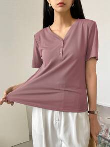 Dazy-Less 纯色珠地网眼半扣短袖 T 恤 Old Money 风格夏季商务休闲女士工作服 - 粉色 - 查看 2