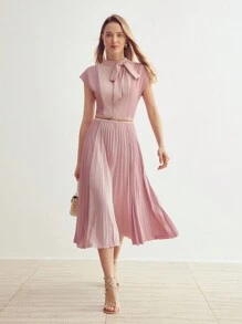 MOTF PREMIUM SOLID BOW MOCK NECK PLEATED HEM DRESS,SUMMER OUTFITS