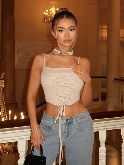 SHEIN BAE 女性純色綁帶交叉抹胸緊身短款背心