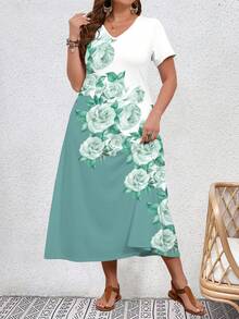 EMERY ROSE Đầm nữ tay ngắn cổ chữ V in hoa giảm béo cỡ lớn - màu xanh lá - Xem 5