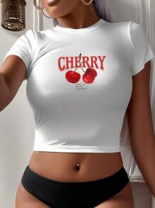 Slaydiva Casual Cherry Print Round Neck Short Sleeve Cropped Fitted Women T-Shirt, Cotton Blend Suitable For Going Out - White - View 1