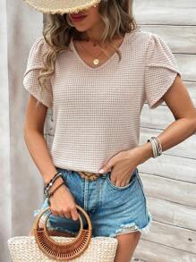 SHEIN Frenchy Cổ chữ V Checkered Tay áo cánh hoa Áo thun Với Trở lại Chi tiết ren - Màu be - Xem 3