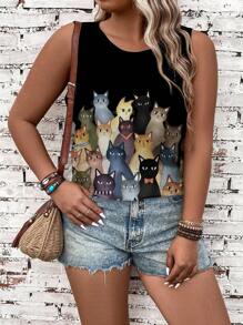 EMERY ROSE Parte superior de tirantes negra sin mangas con estampado de gato, de talla grande, casual, para verano