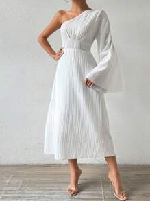 Chiquease Solid Color Asymmetric Collar Pleated Waist Flared Sleeve Dress - White - View 6