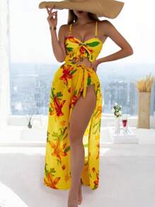 Breezaya Summer Beach Women's Floral Printed Front Knot 3-Piece Bikini Set With Ruffle Hem - Yellow - View 1