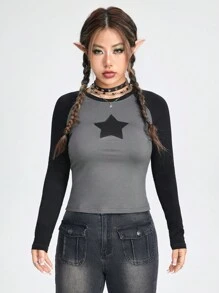 ROMWE Fairycore 星星補丁貼插肩袖T恤 - 灰色 - 查看 5