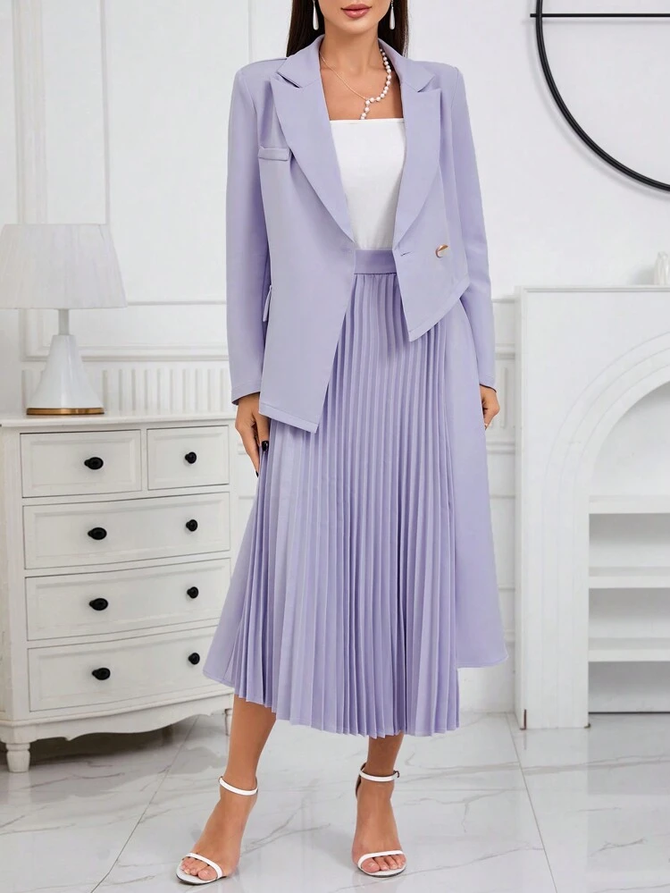 Women's Solid Color Lapel Collar Long Sleeve Blazer And Pleated Mid-Length Skirt Suit 2 Piece Set
