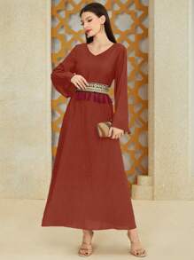 Al Najma 女式流苏长袖阿拉伯腰部拼布连衣裙