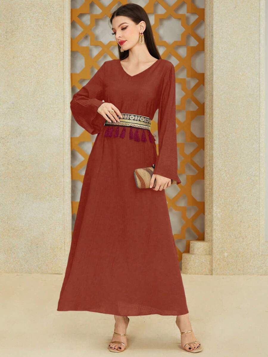 Al Najma 女式流苏长袖阿拉伯腰部拼布连衣裙