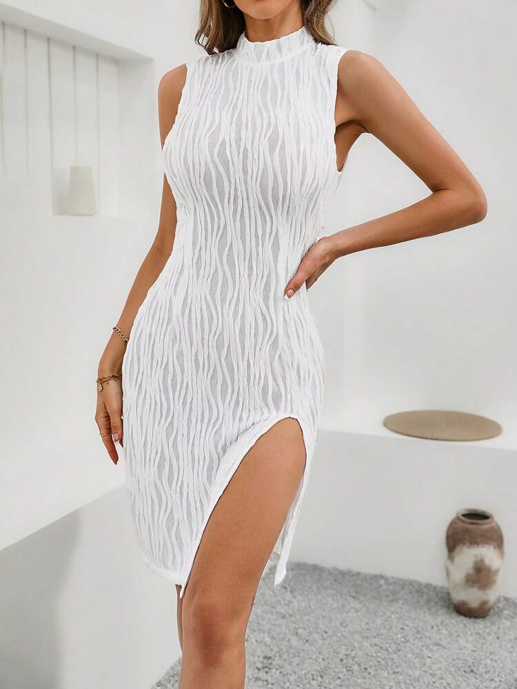 Women's Solid Color Textured Stand Collar Slit Bodycon Dress