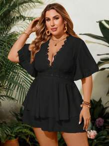 EMERY ROSE Plus Size Women's Lace Splice Ruffle Short Sleeve Romper