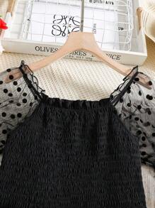 SHEIN Teen Girl Polka Dot Mesh A-Line Dress With Ruffle Hem And Puff Sleeves - Black - View 4