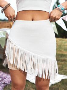 Breezaya Tassel Patchwork Asymmetric Hem Skirt, Suitable For Music Festival