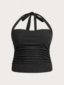 SHEIN EZwear 大尺碼女士黑色針織側摺褶領結背心上衣 - 黑色 - 查看 2