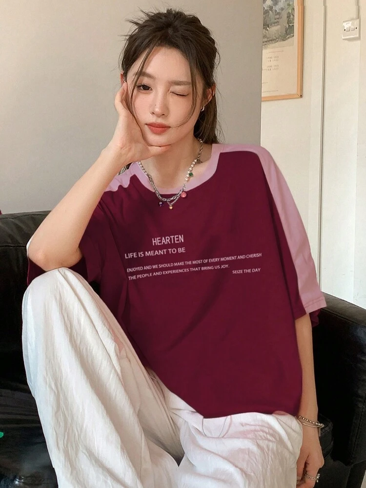 Color Block Slogan Printed Short Sleeve T-Shirt HEARTEN LIFE IS MEANT TO BE ENJOYED AND WE SHOULD MAKE THE MOST OF EVERY MOMENT AND CHERISH THE PEOPLE AND EXPERIENCES THAT BRING US JOY SEIZE THE DAY,Graphic Tees
