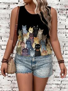 EMERY ROSE Parte superior de tirantes negra sin mangas con estampado de gato, de talla grande, casual, para verano