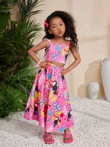 SHEIN 年輕女孩休閒春夏編織熱帶印花吊帶背心及長裙套裝 - 彩色 - 查看 3