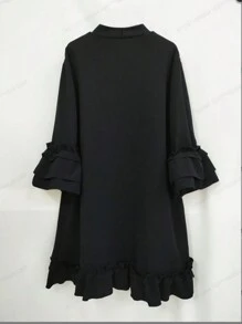 Vestido Con Dobladillo Con Volantes Y Cintura Con Escote Anudado De Color Liso De Talla Grande - Negro - Ver 2
