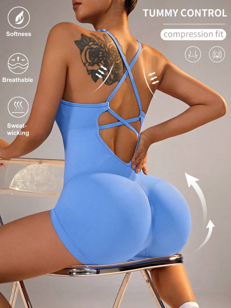 Easithlete Women's Yoga Solid Color Sport Jumpsuit - Blue - View 1